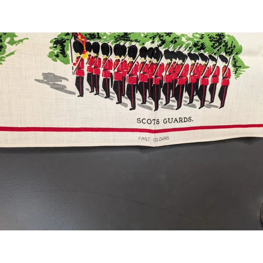 Vintage Mid‎ Century Irish Cabins Linen Souvenir Tea Towel - The Queens Guards